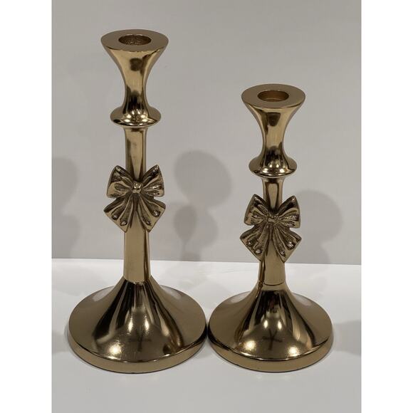 New Gold Bows Bow Candle Stick Holders 8.5" & 10" Tapered Set Of 2 - Picture 1 of 12